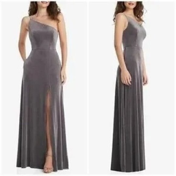 After Six Womens One Shoulder Velvet Maxi Dress Gown Caviar Gray Size 12R NWT - Picture 7 of 7